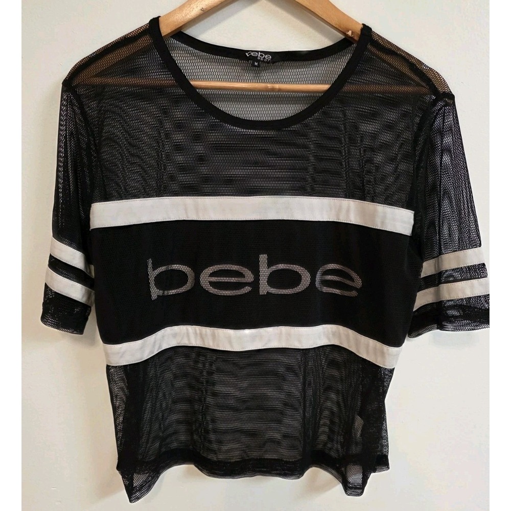Vintage BEBE Sport Mesh Top Black White Jersey Style Size M